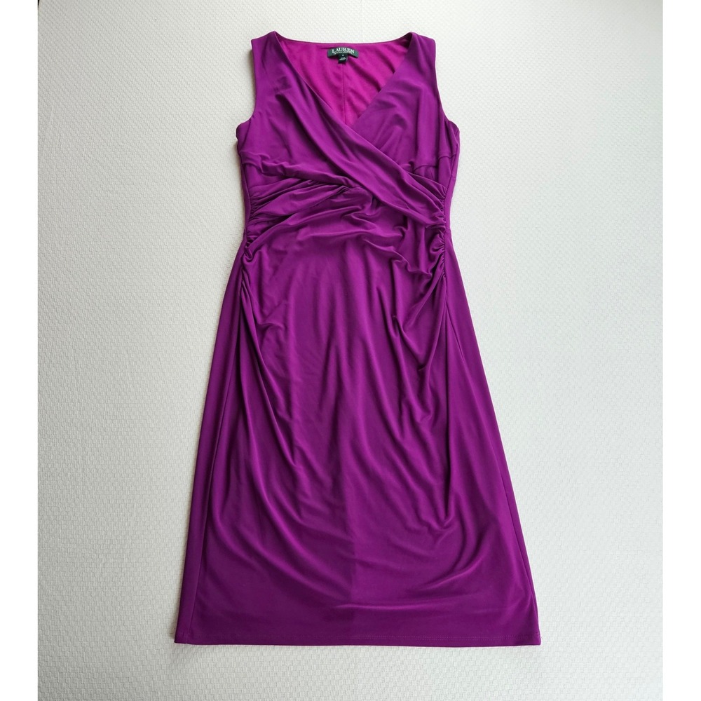 Lauren Ralph Lauren Purple Pink Faux Wrap Ruched Sheath Dress Size 6 Sleeveless